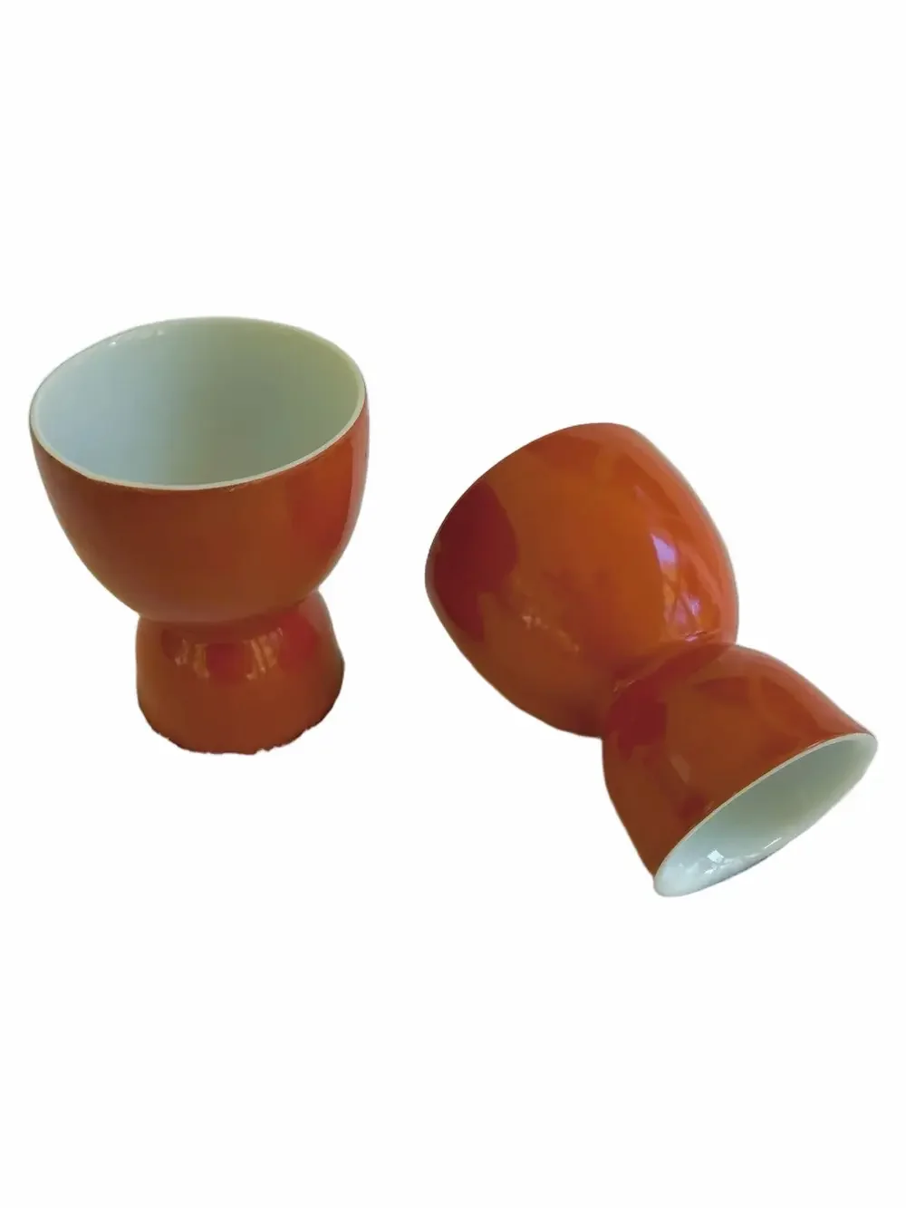 Vintage MCM Knobler Set 2 Orange Egg Cups Porcelain
